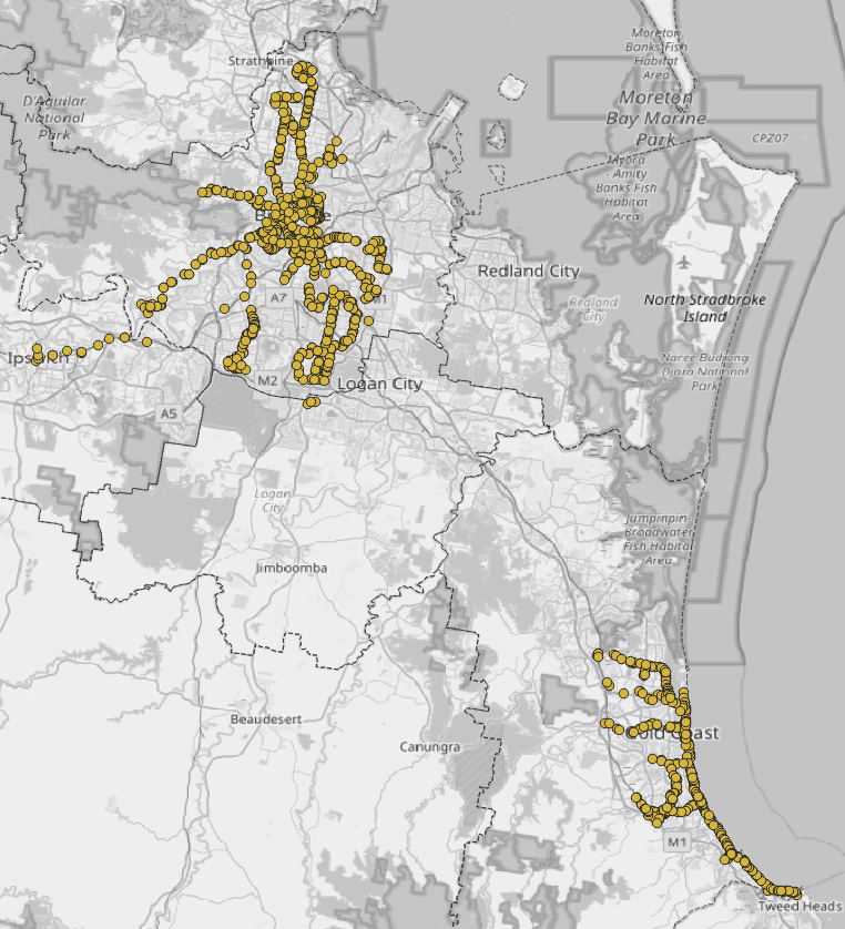 Stops: TransLink. Base layer: OpenStreetMap. LGA boundaries: Qld Govt.